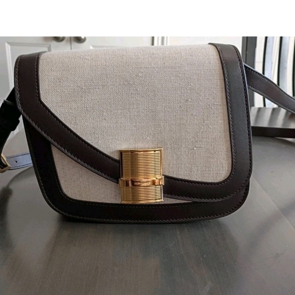 Ferragamo Fiamma Brown Leather & Linen Women's Crossbody Shoulder Bag New Italy